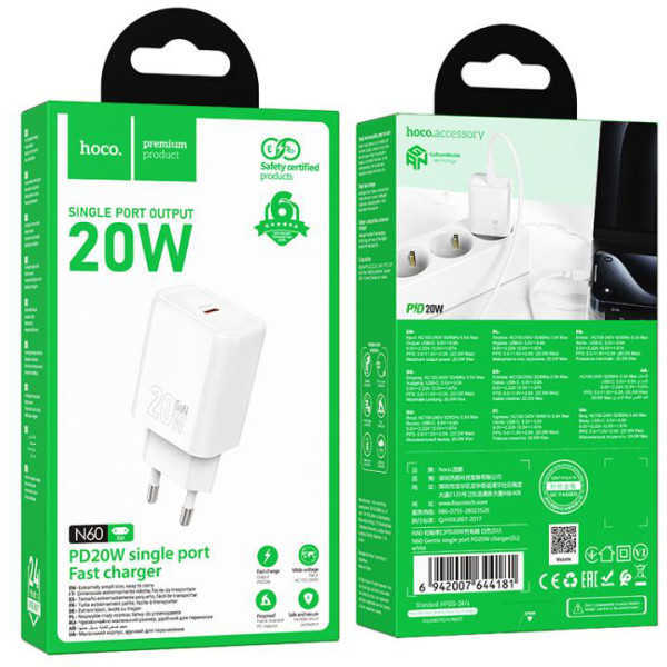 Фото - Сетевое зарядное устройство HOCO N60 Gentle single port PD20W charger (EU) White (6942007644181)