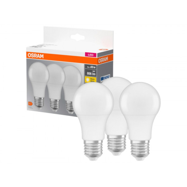 Фото - Лампочка светодиодная Osram LED E27 8.5Вт 2700К 806Лм A60 3 шт. (4099854046797)