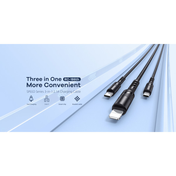 Фото - Кабель синхронизации данных Remax RC-186th SPEED Combo 3-in-1 USB - Lightning + micro USB + USB Type-C (M/M), 2.1 A, 1.2 м, Black (2000700011052)