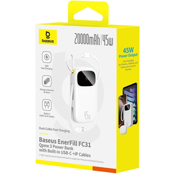 Фото - Батарея мобильная Baseus 20000mAh EnerFill FC31 45W PD,QC,USB-A,USB-C In/Out, built-in USB-C/Lightning cable White (E0028D01)