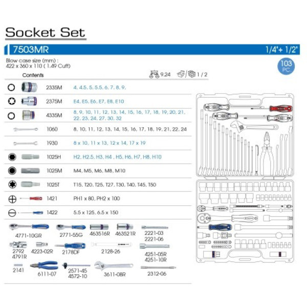 Фото - Набор инструментов KING TONY 1/4"+1/2" 103 шт. в пластиковом кейсе (7503MR)