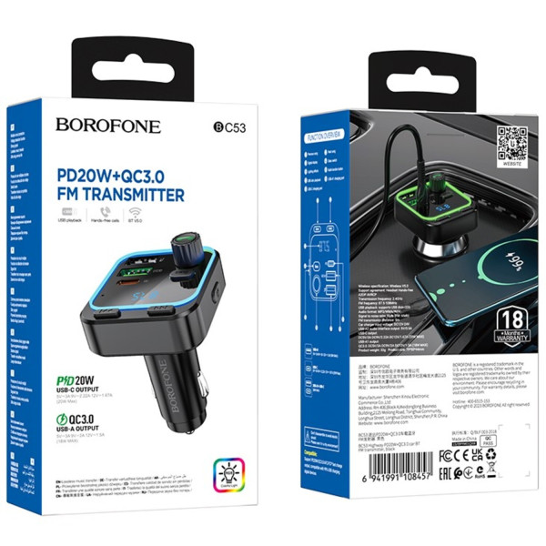 Фото - FM модулятор BOROFONE BC53 Highway PD20W+QC3.0 car BT FM transmitter 18W Black (6941991108457)