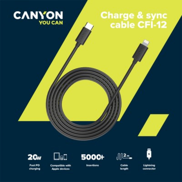 Фото - Кабель синхронизации данных Canyon Type C to lightning 2 м Black (CNE-CFI12B)