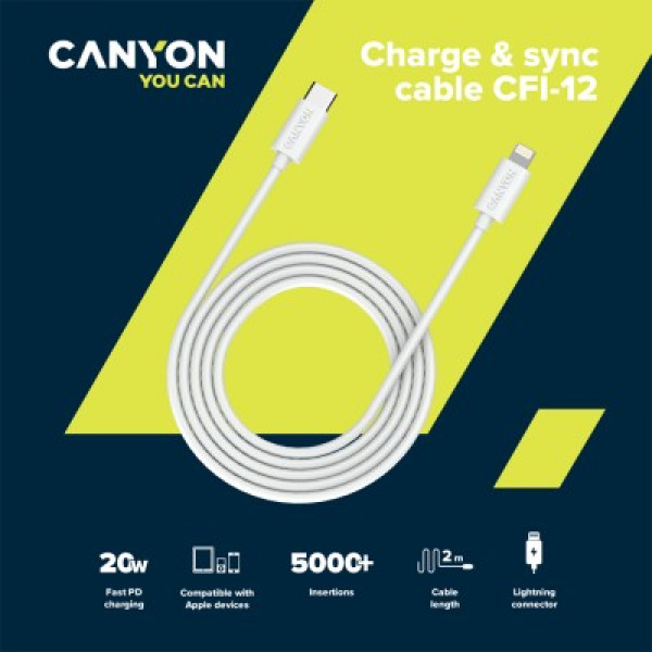 Фото - Кабель синхронизации данных Canyon USB-C to Lightning 2 м White (CNE-CFI12W)