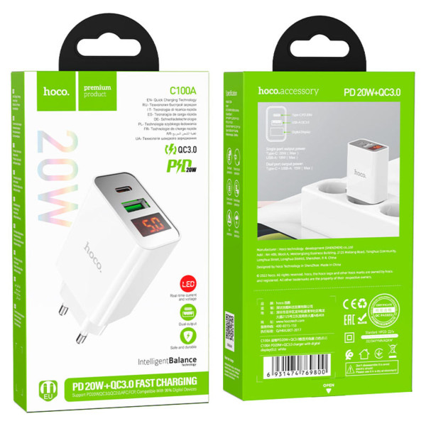 Фото - Сетевое зарядное устройство HOCO C100A PD20W+QC3.0 White (6931474769800)