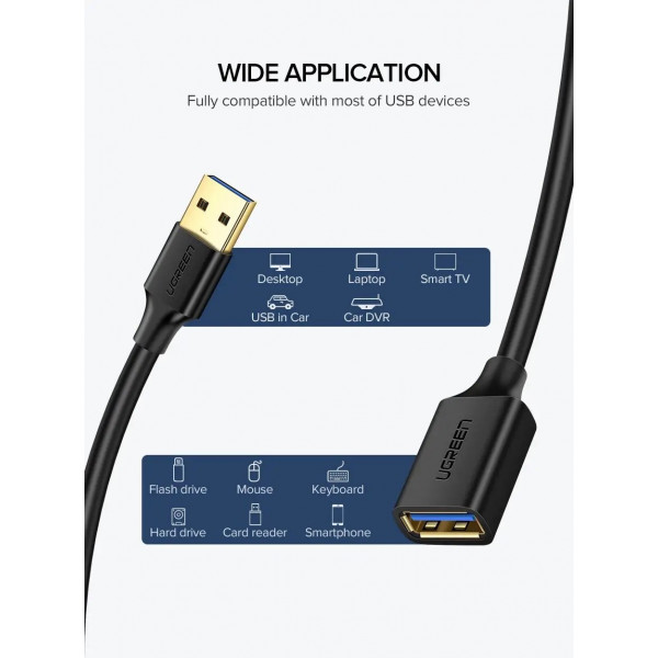 Фото - Кабель USB type A - USB type A UGREEN US129 USB 3.0 Extension Male 1.5m Black (30126)