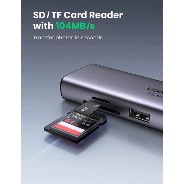 Фото - Хаб USB UGREEN CM512 USB Type-C to 2xUSB3.0+HDMI+RJ45+SD&TF +PD Port Converter Gray (60515)