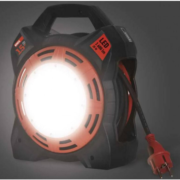 Фото - Удлинитель 220В EMOS на катушке P08215, 4 розетки, 15 м. со встроенным led прожектором, резина/неопрен