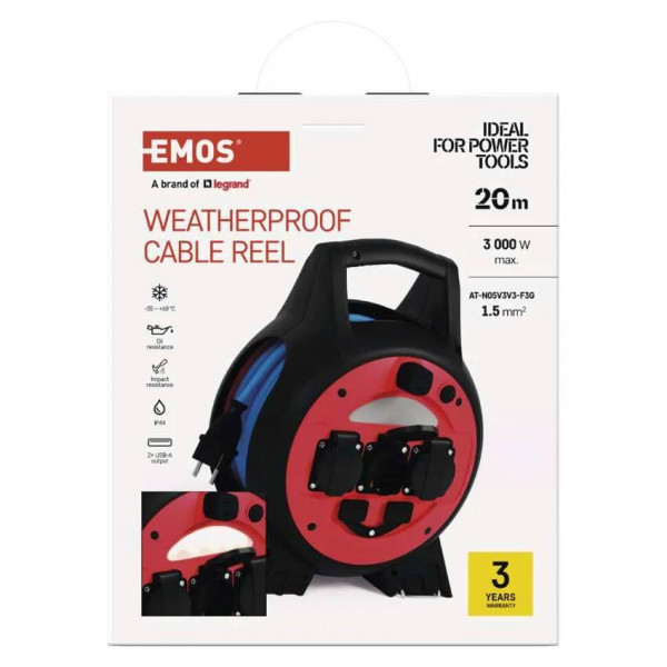 Фото - Удлинитель 220В EMOS на катушке P08620W, 3 розетки, 20 м, 1,5 мм2, IP44, силикон