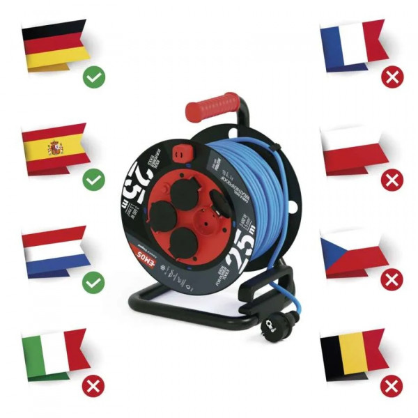 Фото - Удлинитель 220В EMOS на катушке P08625W, 4 розетки, 25 м, 1,5 мм2, IP44, силикон