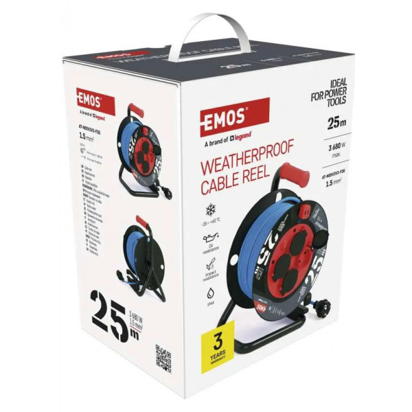Фото - Удлинитель 220В EMOS на катушке P08625W, 4 розетки, 25 м, 1,5 мм2, IP44, силикон