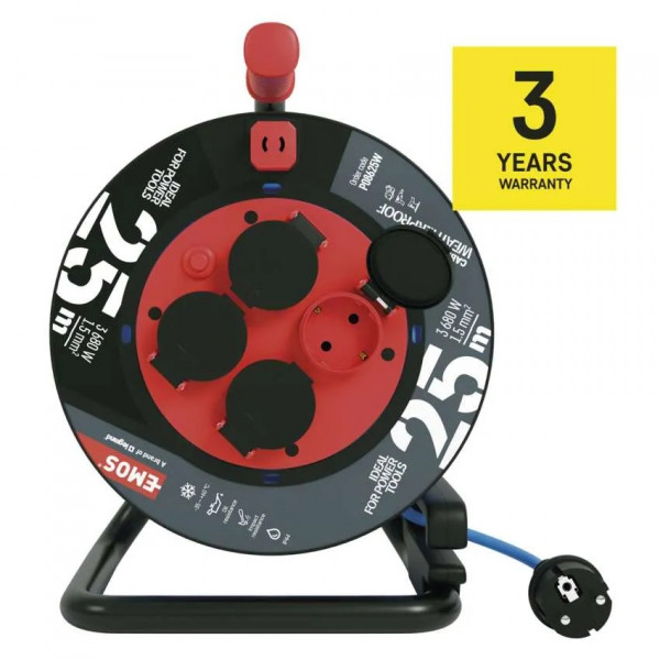 Фото - Удлинитель 220В EMOS на катушке P08625W, 4 розетки, 25 м, 1,5 мм2, IP44, силикон