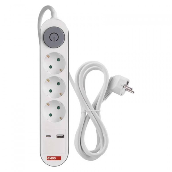 Фото - Удлинитель 220В EMOS P1322PD, 3 розетки, 2 м. 1× USB-A + 1× USB-C