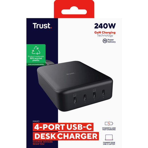 Фото - Сетевое зарядное устройство Trust Maxo 240Вт, GaN, 4xUSB-C,PD Black (25413)