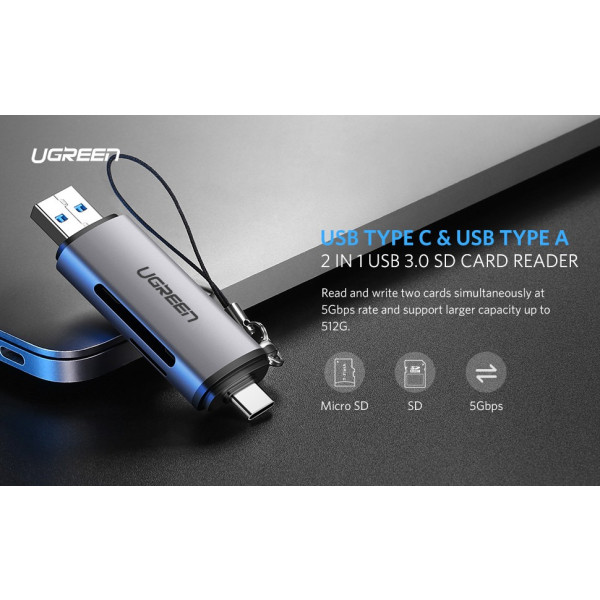 Фото - Кардридер UGREEN CM185 USB-C + USB to TF/SD 3.0 Card Reader Gray (50706)