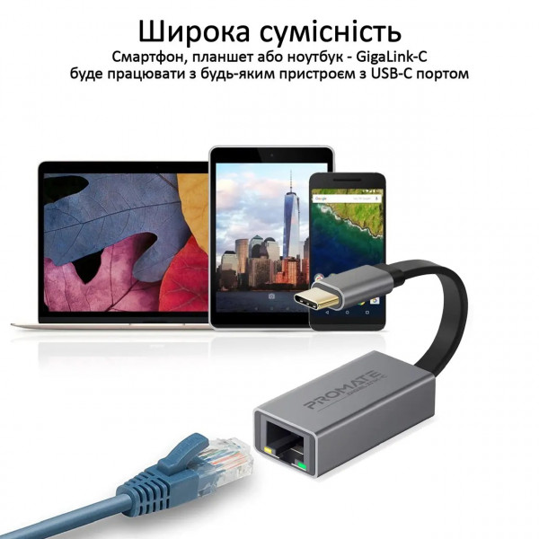 Фото - Переходник USB Type-C - RJ-45 Promate USB Type-C/RJ45 (gigaLink-c.grey)
