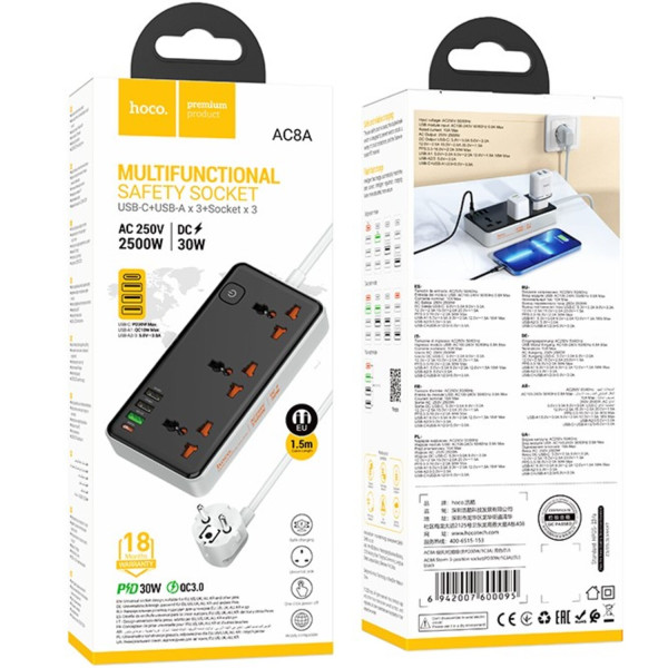 Фото - Сетевой фильтр HOCO AC8A Storm 3-position socket (PD30W/1C3A) Black