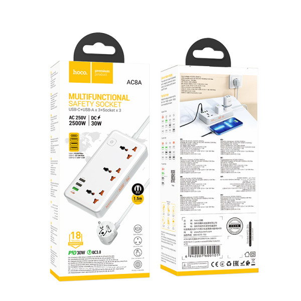 Фото - Сетевой фильтр HOCO AC8A Storm 3-position socket PD30W/1C3A White (6942007600101)