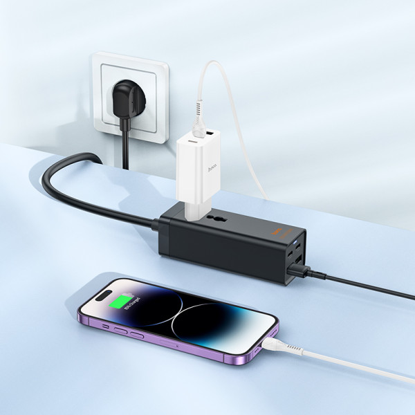 Фото - Удлинитель 220В HOCO AC10A Barry PD65W GaN 2C2A with 1 socket desktop charger White (6942007601689)