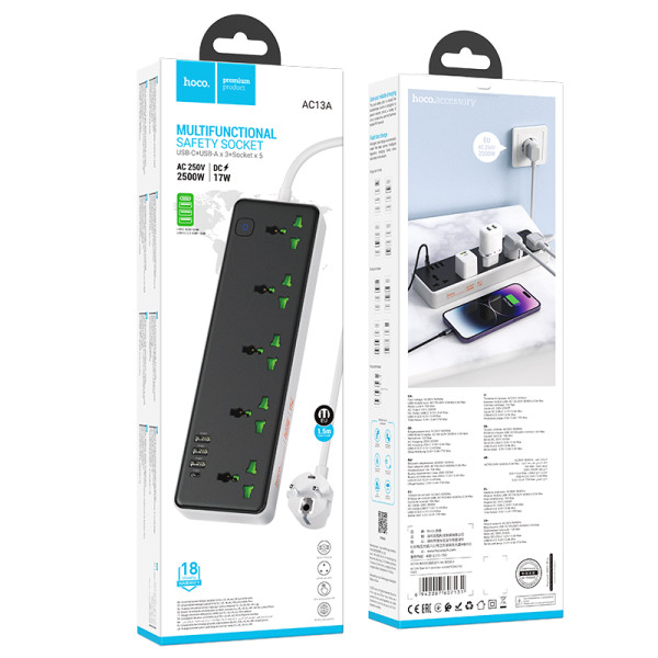 Фото - Сетевой фильтр HOCO AC13A Talento 5-position socket 1C3A Black (6942007607131)