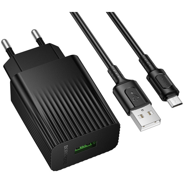 Фото - Сетевое зарядное устройство BOROFONE BAS72A Source single port QC3.0 charger set(Micro) Black (6941991122651)