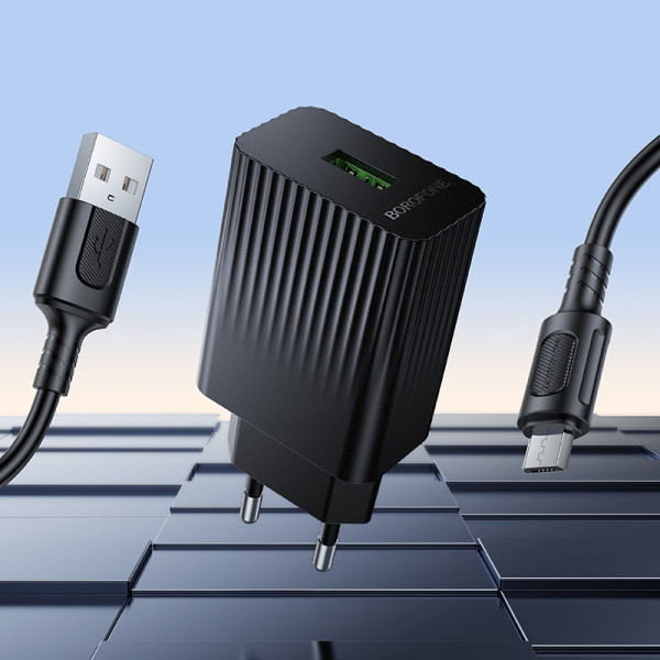 Фото - Сетевое зарядное устройство BOROFONE BAS72A Source single port QC3.0 charger set(Micro) Black (6941991122651)