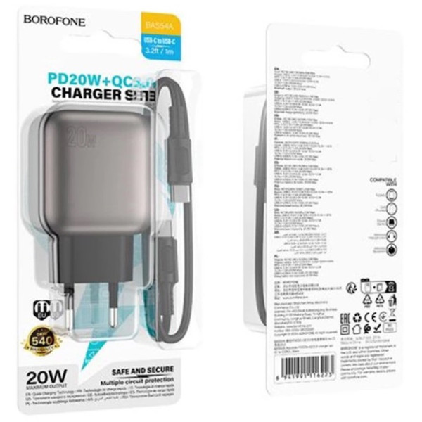 Фото - Сетевое зарядное устройство BOROFONE BAS54A Absolute PD20W+QC3.0 charger set C to iP EU Black (6941991116216)