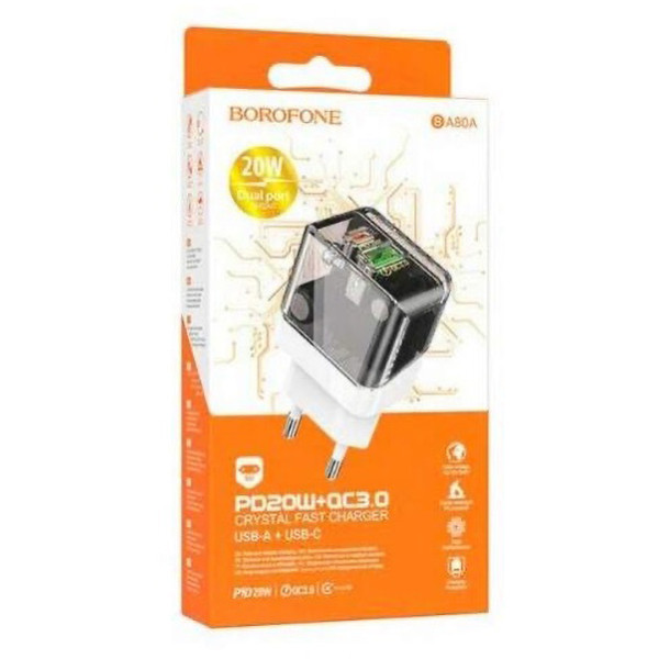 Фото - Сетевое зарядное устройство BOROFONE BA80A Scenery PD20W+QC3.0 charger EU Transparent Black (6941991105159)