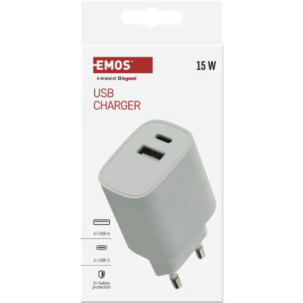 Фото - Сетевое зарядное устройство EMOS V02B15 1xUSB-A, 1xUSB-C 15W 220V (V02B15)