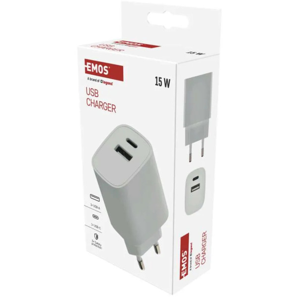 Фото - Сетевое зарядное устройство EMOS V02B15 1xUSB-A, 1xUSB-C 15W 220V (V02B15)