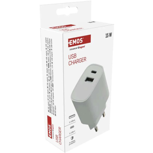 Фото - Сетевое зарядное устройство EMOS V02B15 1xUSB-A, 1xUSB-C 15W 220V (V02B15)