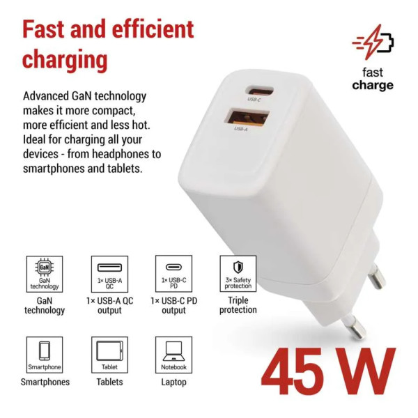 Фото - Сетевое зарядное устройство EMOS V04G45 1xUSB-A, 1xUB-C 20W 220V PD (V04G45)