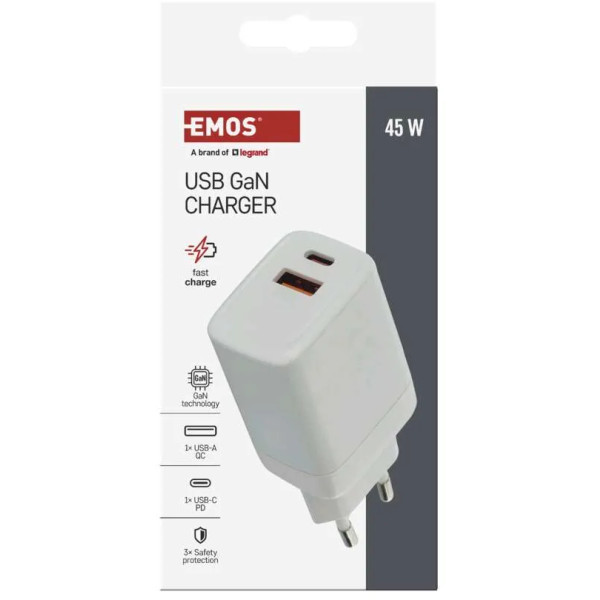 Фото - Сетевое зарядное устройство EMOS V04G45 1xUSB-A, 1xUB-C 20W 220V PD (V04G45)