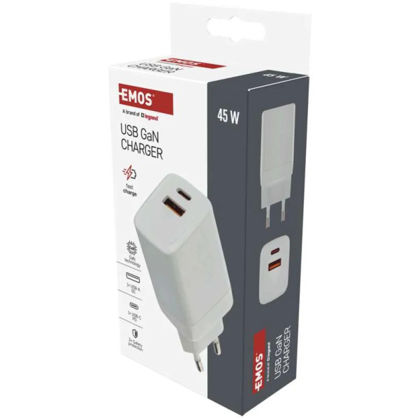 Фото - Сетевое зарядное устройство EMOS V04G45 1xUSB-A, 1xUB-C 20W 220V PD (V04G45)