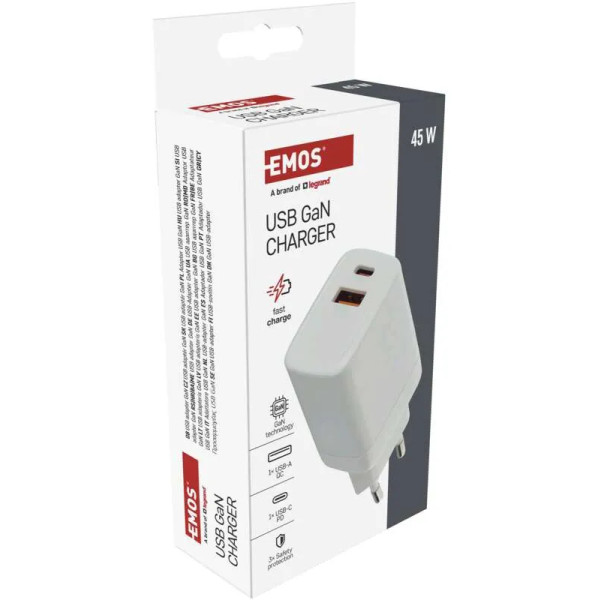 Фото - Сетевое зарядное устройство EMOS V04G45 1xUSB-A, 1xUB-C 20W 220V PD (V04G45)