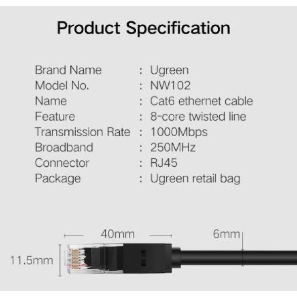 Фото - Кабель патч-корд UGREEN NW102 Cat 6 U/UTP Lan Cable 1m Black (20159)