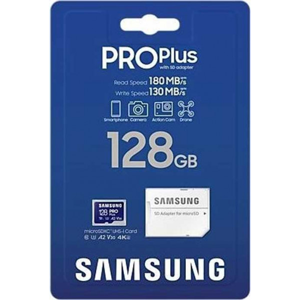 Фото - Карта памяти Samsung PRO Plus microSDXC 128GB UHS-I U3 V30 A2 + SD адаптер (MB-MD128SA/EU)
