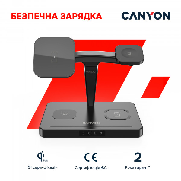 Фото - Беспроводное зарядное устройство Canyon WS-404 QI 4 in 1 15W Type-C Black (CNS-WCS404)