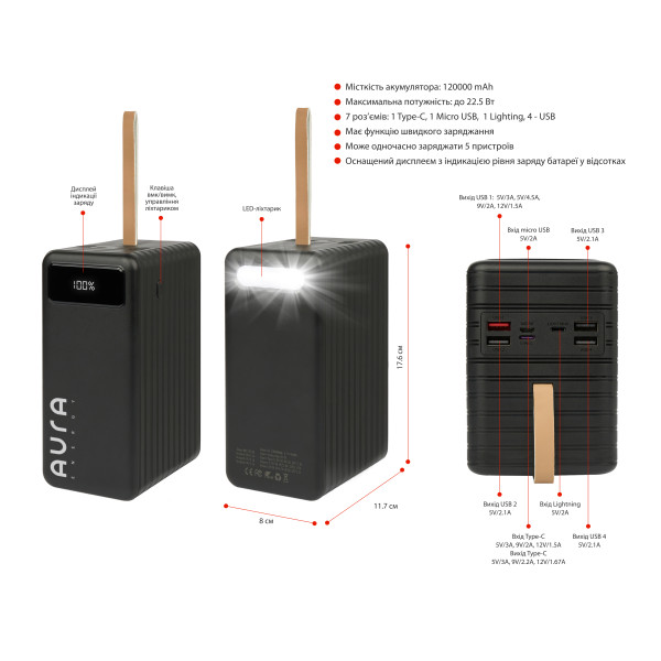 Фото - Батарея мобильная Aura NRG-P120 120000 mAh 22.5W Black (PBANRG-P120B)