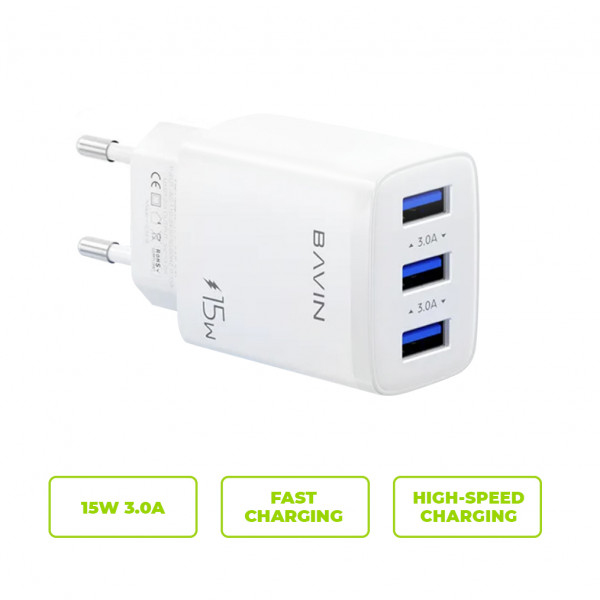 Фото - Сетевое зарядное устройство Bavin PC906Y 15W 3xUSB-A 5V 3.0A White (C-PC906Y-W)