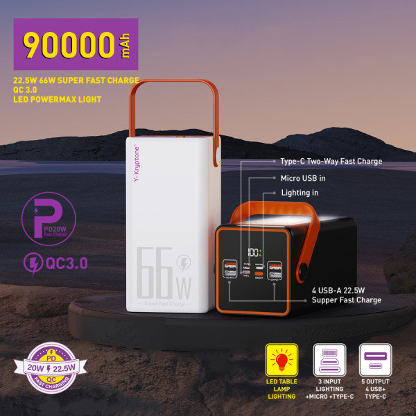 Фото - Батарея мобильная Y-Kryptone GT-92 LED Light 90000 mAh QC3.0 22.5W 66W Super Fast Charge Black (YK-GT92L-B)