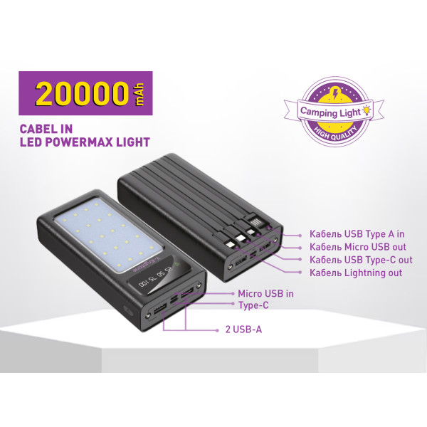 Фото - Батарея мобильная Y-Kryptone N-24 LED Light 20000 mAh CABLE in Black (YK-N24LC-B)