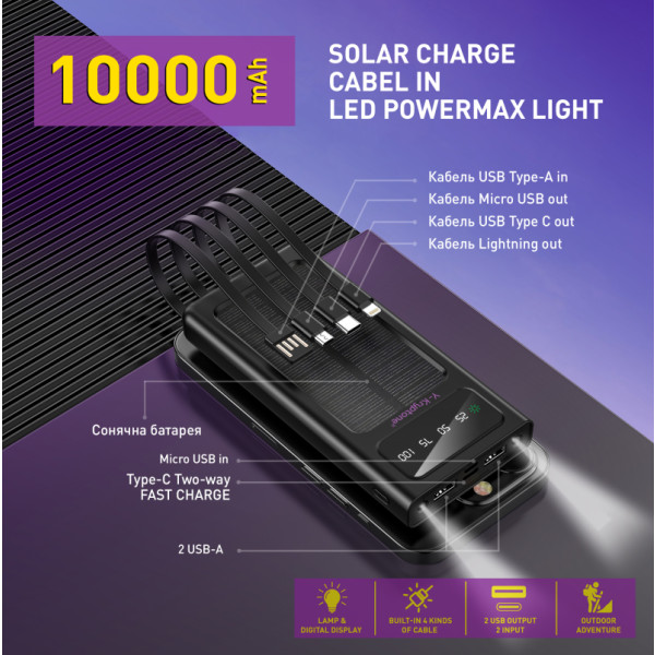 Фото - Батарея мобильная Y-Kryptone S-01 SOLAR CHARGE LED Light 10000 mAh CABLE in Black (YK-S01SLC-B)