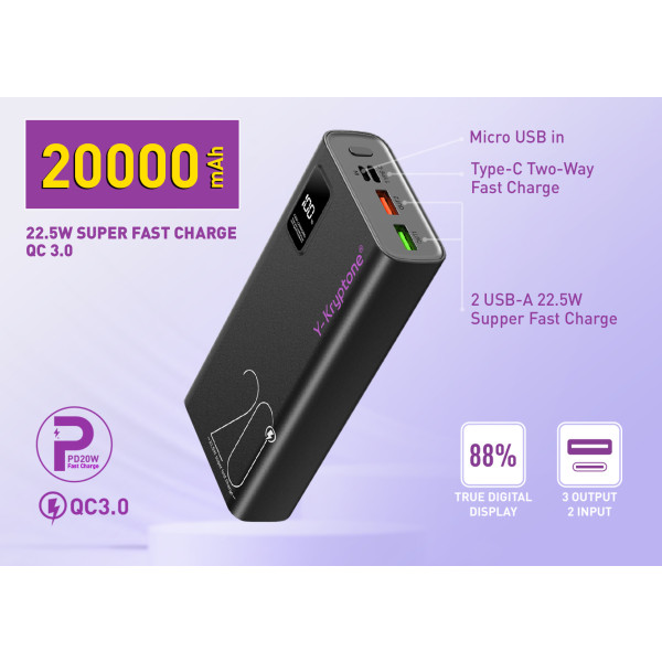 Фото - Батарея мобильная Y-Kryptone GT-23 20000 mAh QC3.0 22.5W Fast Charge Black (YK-GT23-B)
