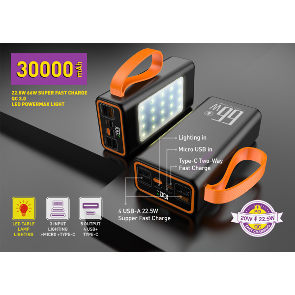 Фото - Батарея мобильная Y-Kryptone GT-32 LED Light 30000 mAh QC3.0 22.5W 66W Super Fast Charge Black (YK-GT32L-B)