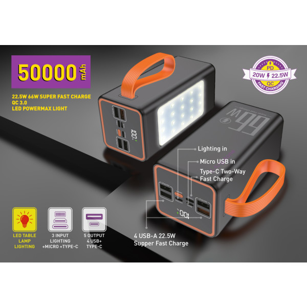 Фото - Батарея мобильная Y-Kryptone GT-52 LED Light 50000 mAh QC3.0 22.5W 66W Super Fast Charge Black (YK-GT52L-B)