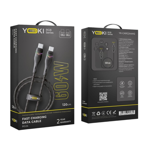 Фото - Кабель синхронизации данных YOKI RGB Type-C to Type-C 60W 1.2m Black (YK-RG24)