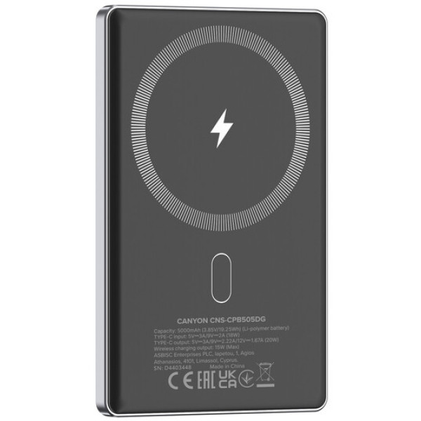 Фото - Батарея мобильная Canyon OnPower 505 slim Magsafe 5000 mAh PD20W Dark Grey (CNS-CPB505DG)