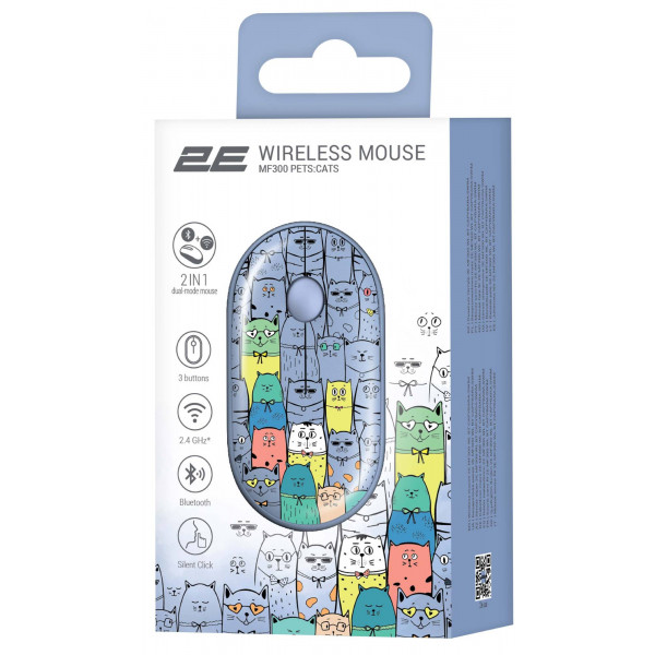 Фото - Мышь беспроводная 2E MF300 PETS:CATS Silent WL BT Blue (2E-MF300WPETSBL)