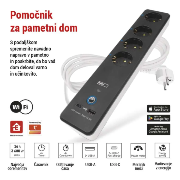 Фото - Сетевой фильтр EMOS Умный P1422SM 2 м 4 гнезда, ПВХ, USB-A, USB-C, Wi-Fi 1,5 мм2